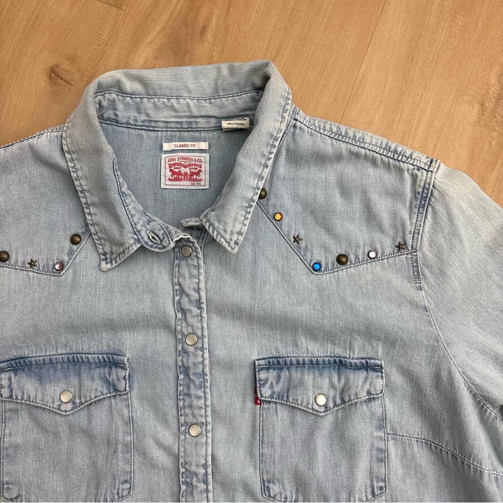 Levis Western Pearl Snap Denim Shirt Women's XXL Bejeweled Light Wash - Picture 2 of 10